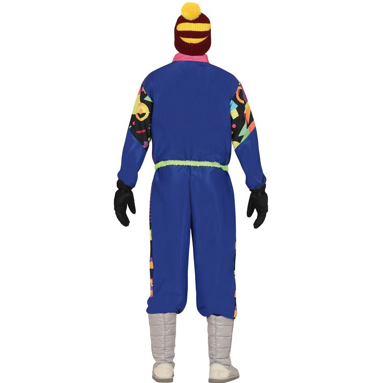 Mann trägt bunten Retro Skianzug im 80er Jahre Stil mit Neonfarben.