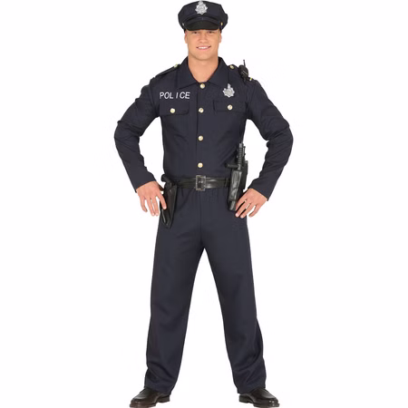 Polizei Kostüm Schwarz Polizist Stefan Uniform für Herren Gr. M-L Beruf Fasching Karneval Mottoparty Mann in schwarzer Polizeiuniform mit Mütze und Gürtel.