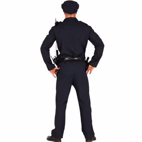 Polizei Kostüm Schwarz Polizist Stefan Uniform für Herren Gr. M-L Beruf Fasching Karneval Mottoparty Rückansicht des Polizei Kostüms in Schwarz mit Gürtel.