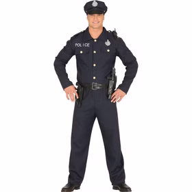 Polizei Kostüm Schwarz Polizist Stefan Uniform für Herren Gr. M-L Beruf Fasching Karneval Mottoparty Mann in schwarzer Polizeiuniform mit Mütze und Gürtel.