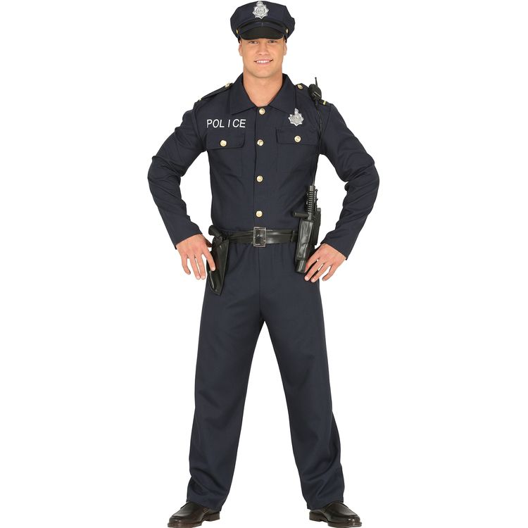 Mann in schwarzer Polizeiuniform mit Mütze und Gürtel.