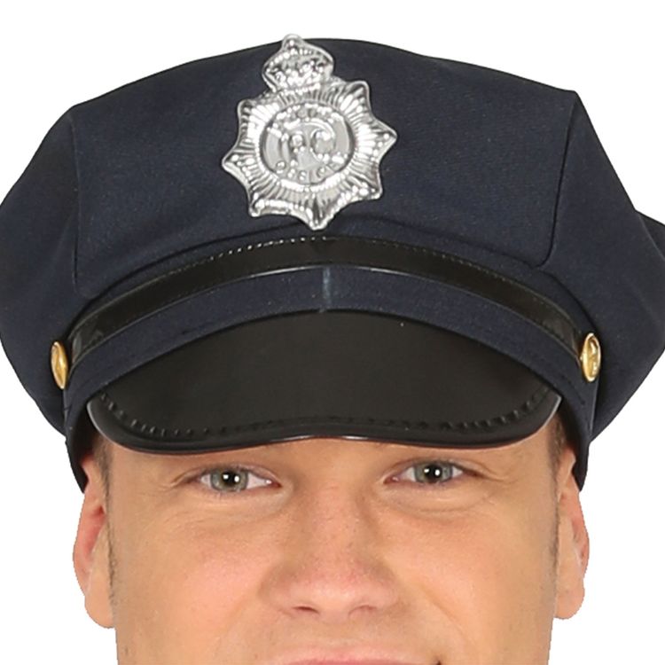 Mann in schwarzer Polizeiuniform mit Mütze und Gürtel.