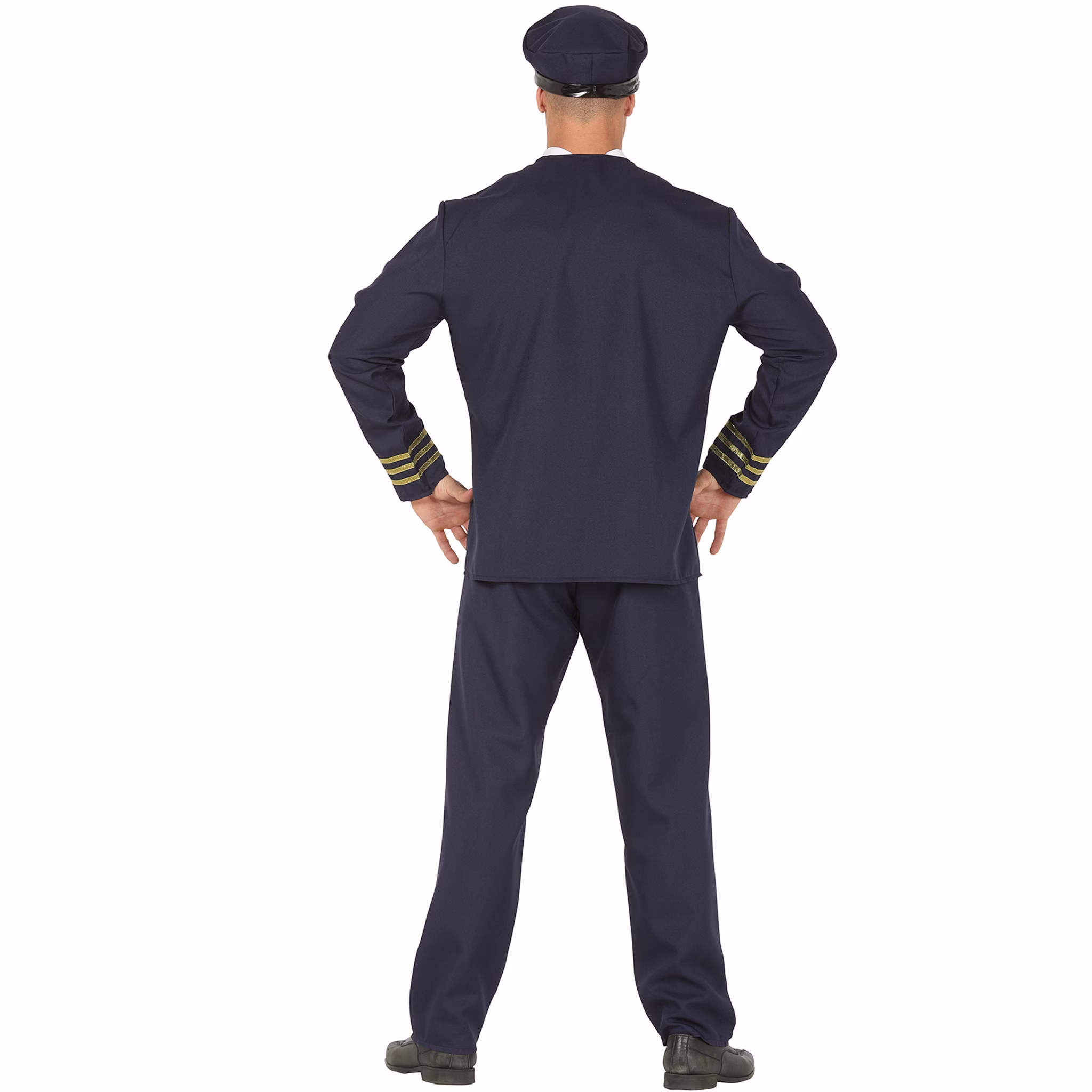 Piloten Kostüm Pilot Kapitän Andreas Fliegerass Uniform für Herren Gr. M-L Blau Beruf Fasching Karneval Mottoparty Paar- und Gruppenkostüme Rückansicht des Piloten Kostüms in Dunkelblau mit Rangstreifen.