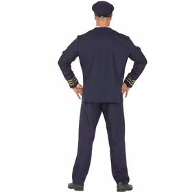 Piloten Kostüm Pilot Kapitän Andreas Fliegerass Uniform für Herren Gr. M-L Blau Beruf Fasching Karneval Mottoparty Paar- und Gruppenkostüme Rückansicht des Piloten Kostüms in Dunkelblau mit Rangstreifen.