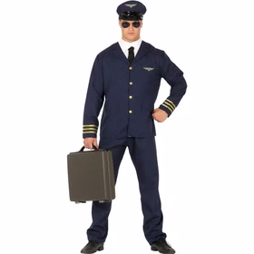 Piloten Kostüm Pilot Kapitän Andreas Fliegerass Uniform für Herren Gr. M-L Blau Beruf Fasching Karneval Mottoparty Paar- und Gruppenkostüme Mann trägt Piloten Kostüm mit Uniformjacke, Mütze und Krawatte.