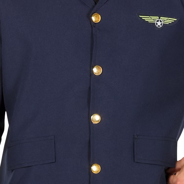 Piloten Kostüm Pilot Kapitän Andreas Fliegerass Uniform für Herren Gr. M-L Blau Beruf Fasching Karneval Mottoparty Paar- und Gruppenkostüme Nahaufnahme der Jacke mit goldenen Knöpfen und Flügelabzeichen.