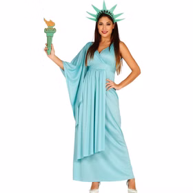 Freiheitstatue Kostüm Mrs. Liberty Göttin der Freiheit für Damen Gr. M-L Andere Länder Fasching Karneval Mottoparty Frau trägt Freiheitstatue Kostüm in Hellblau mit Fackel und Strahlenkranz.