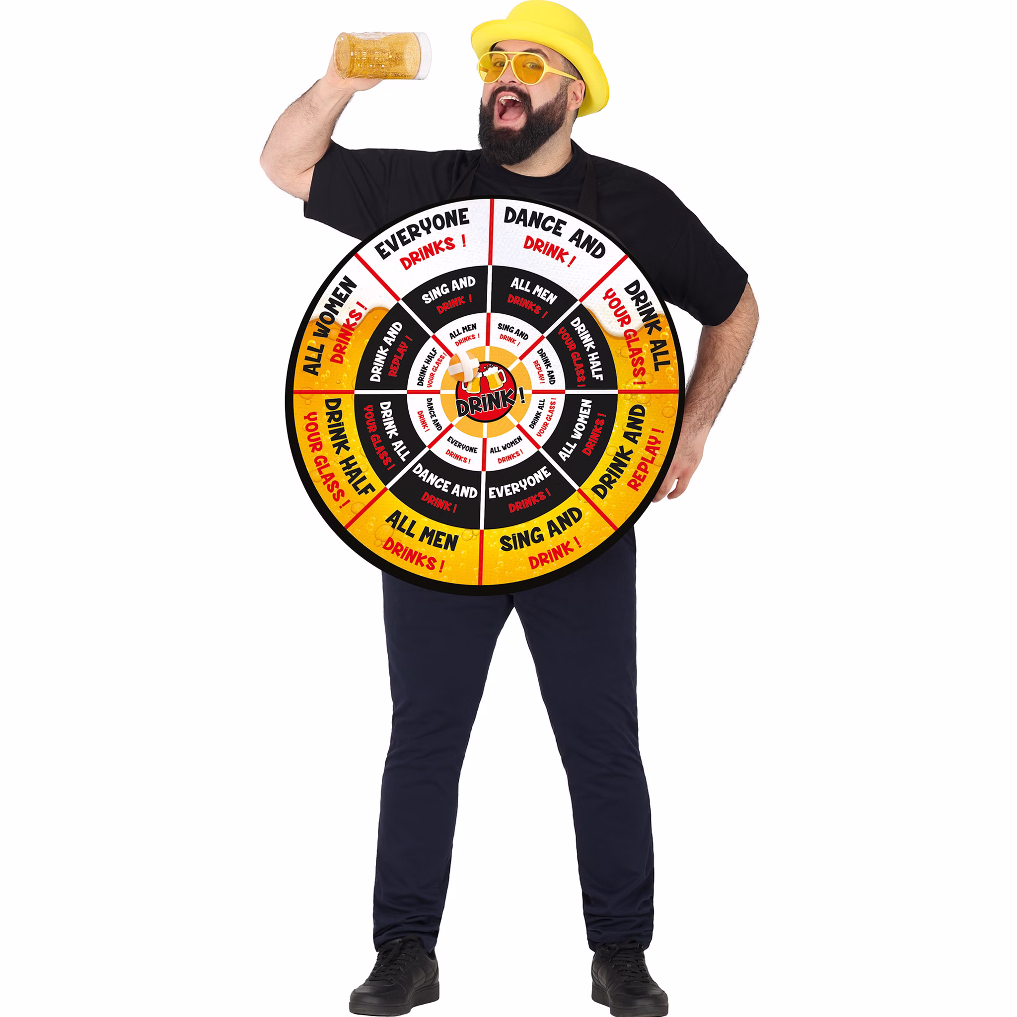 Mann mit Dartscheiben-Kostüm und Bierkrug in der Hand.
