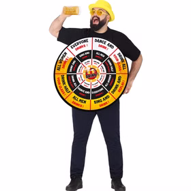Darts Kostüm Bier-Version Dartscheibe mit 2 Bällen für Erwachsene Gr. L Spaßkostüm Fasching Karneval Mottoparty JGA Trinkspiel Mann mit Dartscheiben-Kostüm und Bierkrug in der Hand.
