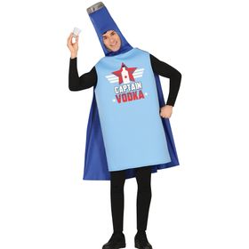 Mann trägt hellblaues Vodka Kostüm „Captain Vodka“ mit Shotglas in der Hand.