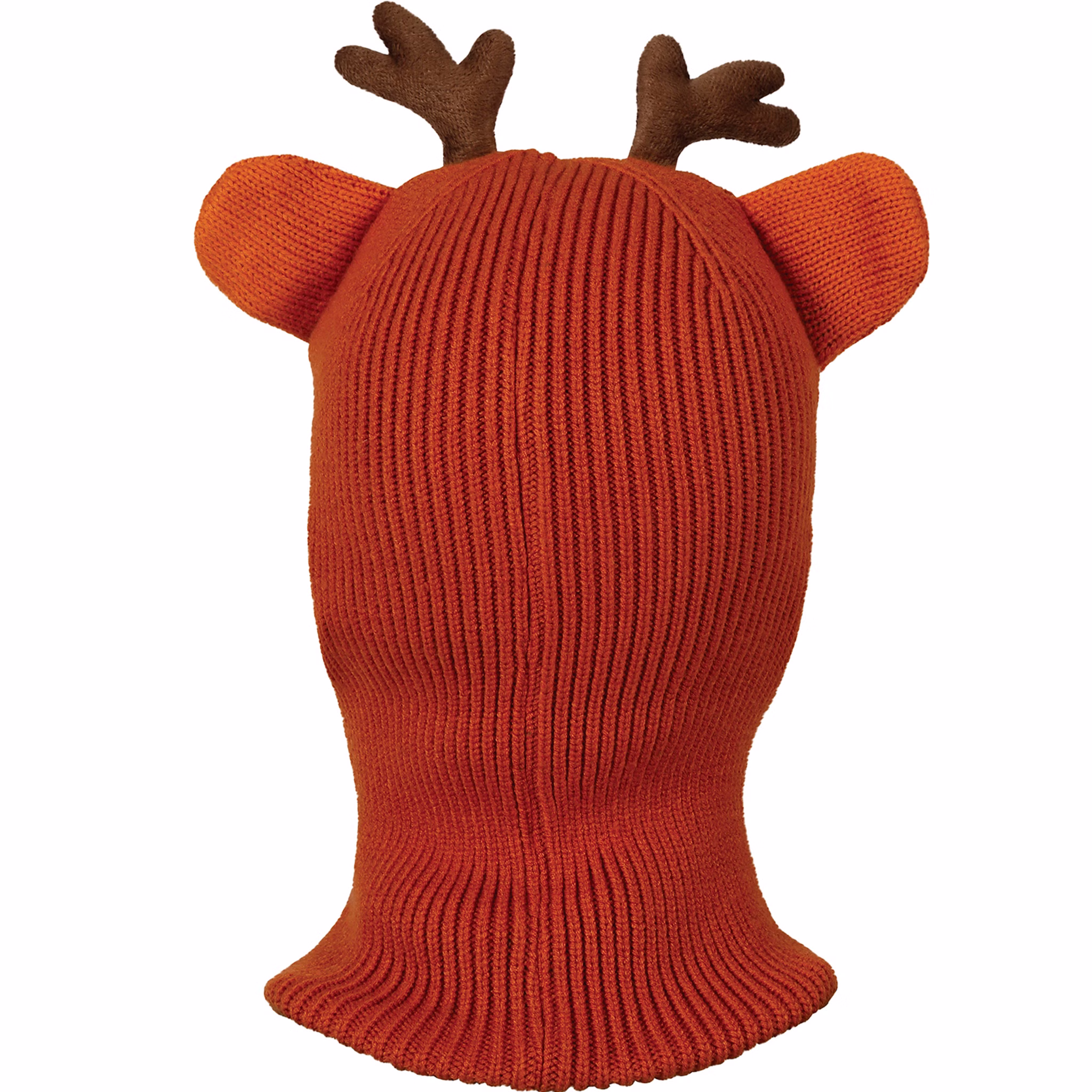 Reh Mütze Rentier Rudolf mit Gesicht Wintermütze Braun für Kinder Einheitsgröße Tiermütze Kostüm-Zubehör Reh Rentier Weihnachten Geschenkidee Winter Fasching Karneval Mottoparty Rückansicht der gestrickten Kinder-Mütze in Braun.