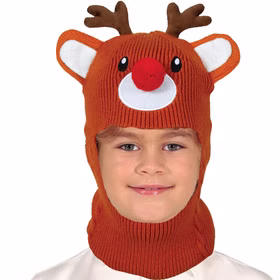 Reh Mütze Rentier Rudolf mit Gesicht Wintermütze Braun für Kinder Einheitsgröße Tiermütze Kostüm-Zubehör Reh Rentier Weihnachten Geschenkidee Winter Fasching Karneval Mottoparty Kind trägt braune Reh-Mütze mit roter Nase und Rentiergeweih.