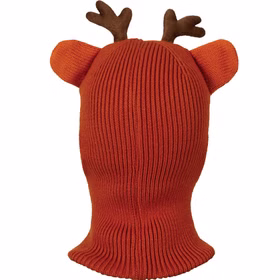 Reh Mütze Rentier Rudolf mit Gesicht Wintermütze Braun für Kinder Einheitsgröße Tiermütze Kostüm-Zubehör Reh Rentier Weihnachten Geschenkidee Winter Fasching Karneval Mottoparty Rückansicht der gestrickten Kinder-Mütze in Braun.