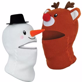 Reh Mütze Rentier Rudolf mit Gesicht Wintermütze Braun für Kinder Einheitsgröße Tiermütze Kostüm-Zubehör Reh Rentier Weihnachten Geschenkidee Winter Fasching Karneval Mottoparty Reh-Mütze und Schneemann-Mütze nebeneinander.