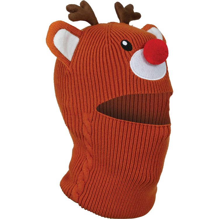 Kind trägt braune Reh-Mütze mit roter Nase und Rentiergeweih.
