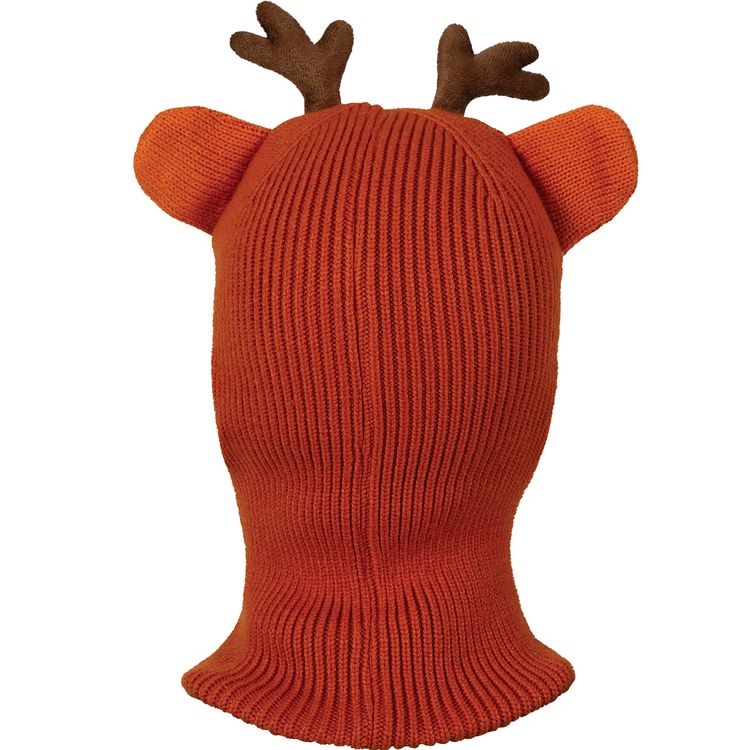 Kind trägt braune Reh-Mütze mit roter Nase und Rentiergeweih.