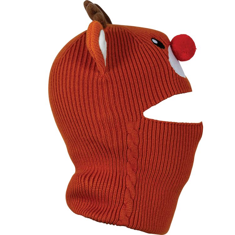 Kind trägt braune Reh-Mütze mit roter Nase und Rentiergeweih.