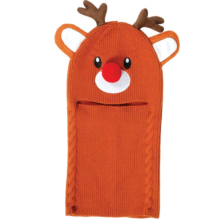 Kind trägt braune Reh-Mütze mit roter Nase und Rentiergeweih.