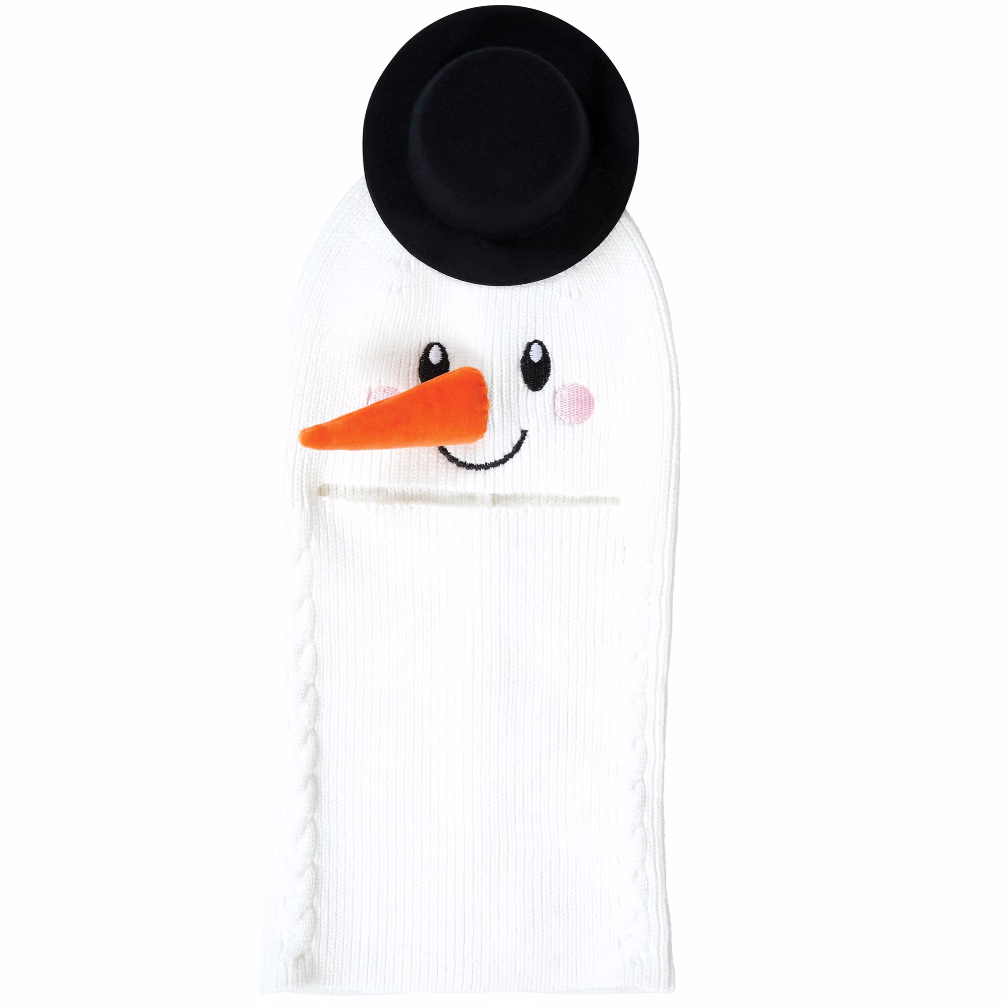 Flach liegende Schneemann-Mütze mit Gesicht und Hut.