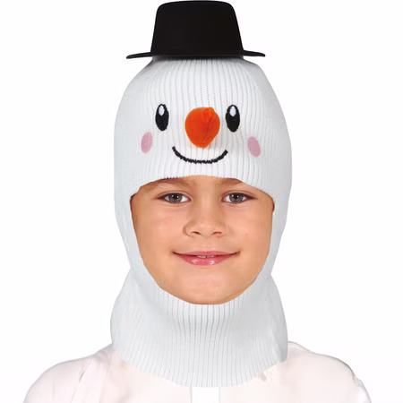 Schneemann Mütze Frosty mit Gesicht Wintermütze Weiß für Kinder Einheitsgröße Kostüm-Zubehör Weihnachten Geschenkidee Winter Fasching Karneval Mottoparty Kind trägt weiße Schneemann-Mütze mit Karottennase und schwarzem Hut.