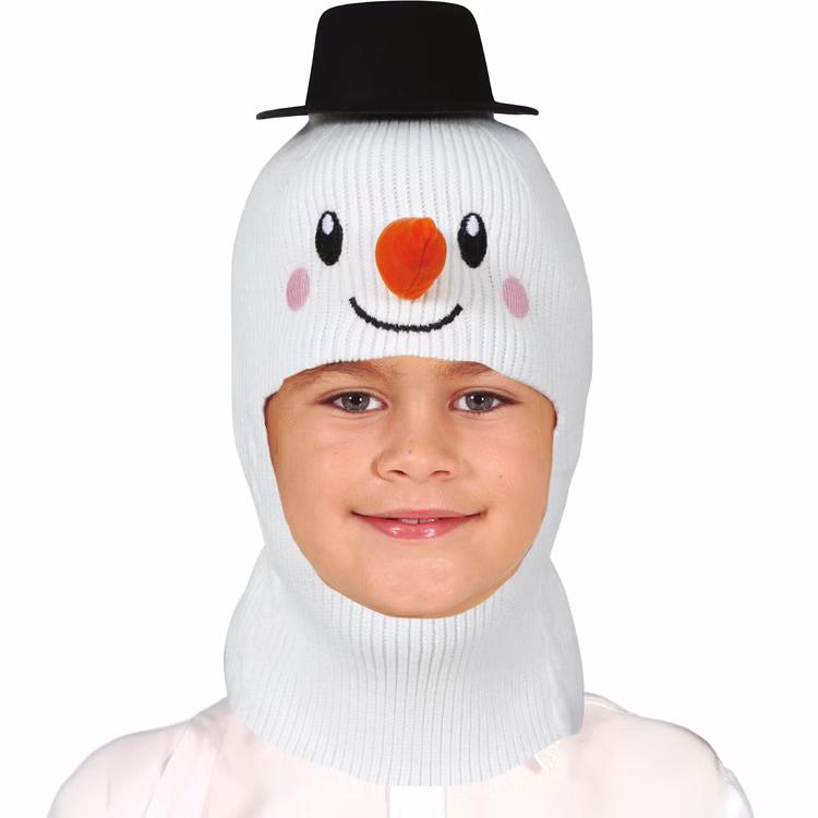 Schneemann Mütze Frosty mit Gesicht Wintermütze Weiß für Kinder Einheitsgröße Kostüm-Zubehör Weihnachten Geschenkidee Winter Fasching Karneval Mottoparty Kind trägt weiße Schneemann-Mütze mit Karottennase und schwarzem Hut.