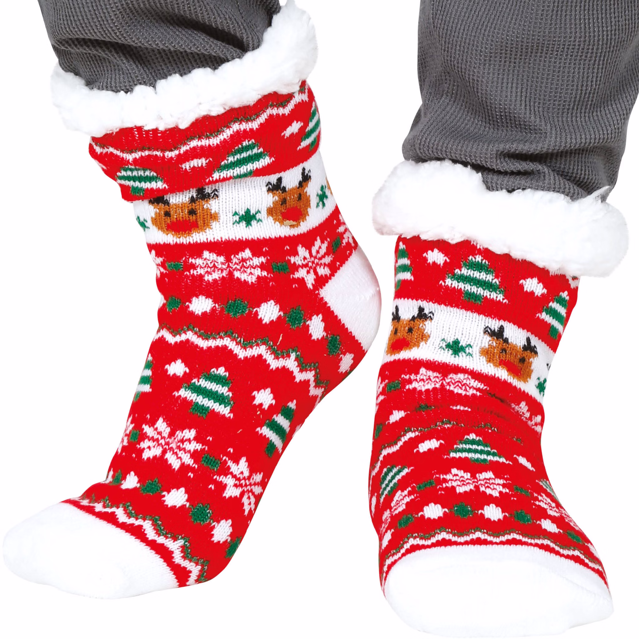 Kuschelsocken mit Weihnachtsmotiv Rot Thermosocken Rentier Rudolf für Erwachsene Geschenkidee Advent Weihnachten Adventskalender Rote Weihnachtssocken mit Rentier- und Tannenbaum-Motiv an den Füßen getragen.