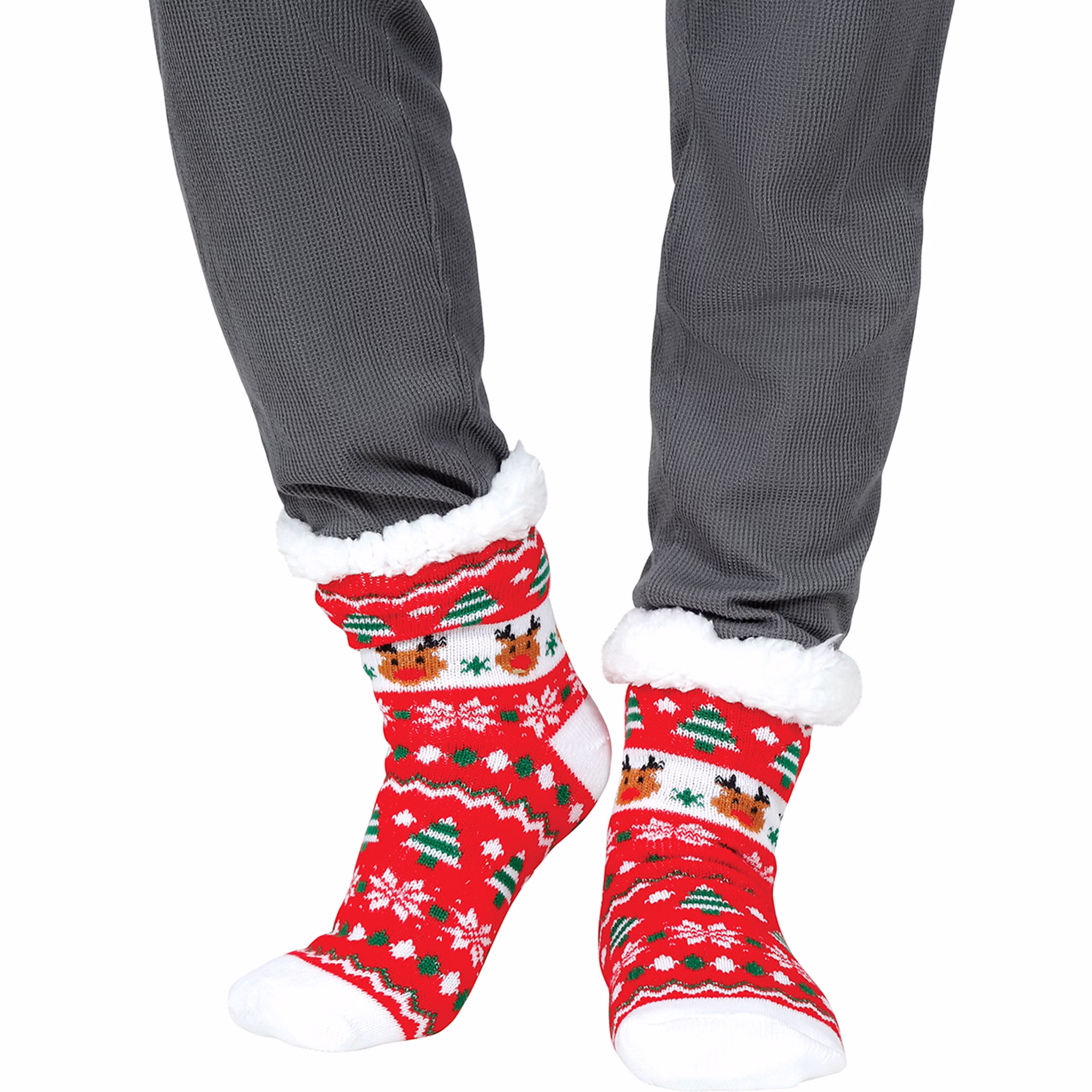 Kuschelsocken mit Weihnachtsmotiv Rot Thermosocken Rentier Rudolf für Erwachsene Geschenkidee Advent Weihnachten Adventskalender Kuschelsocken mit weißem Plüschbund und weihnachtlichem Strickmuster.
