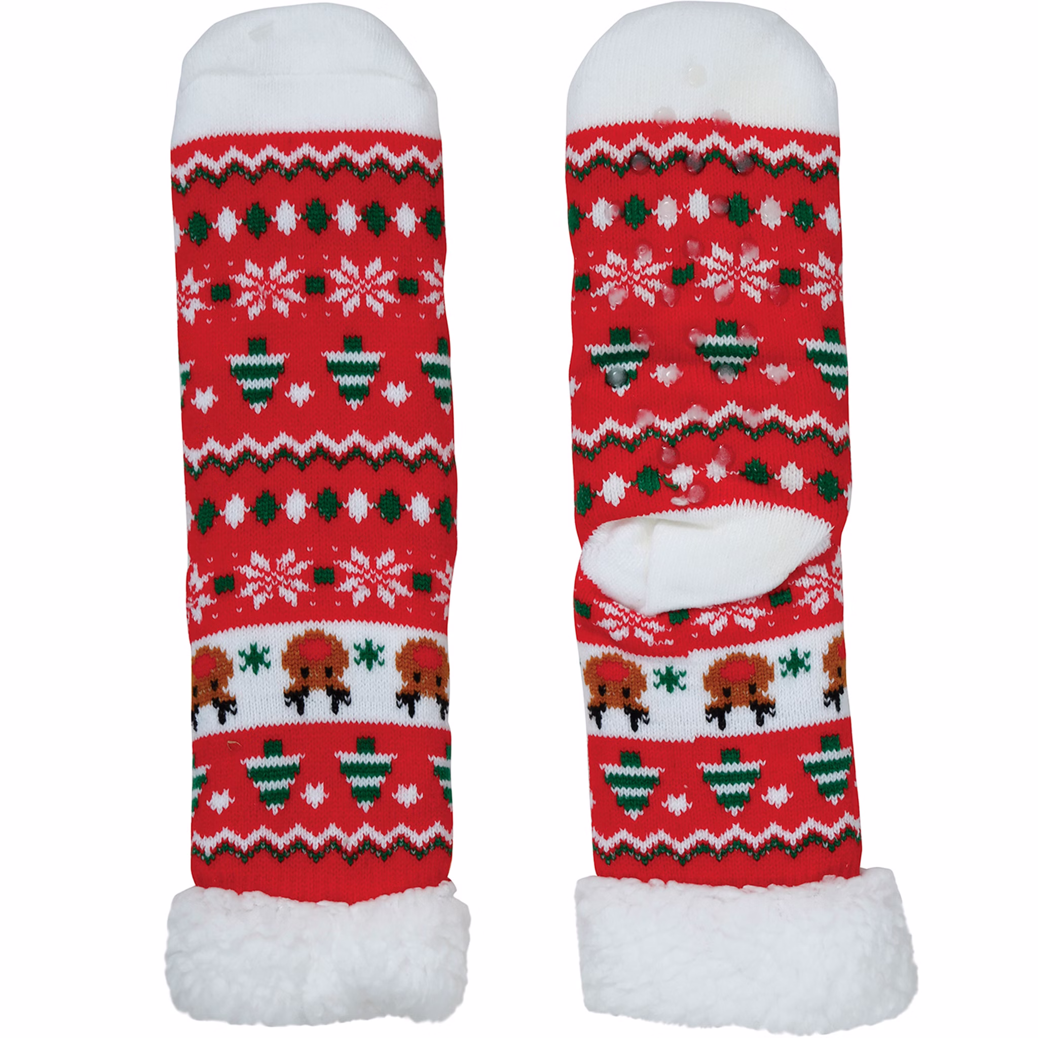 Kuschelsocken mit Weihnachtsmotiv Rot Thermosocken Rentier Rudolf für Erwachsene Geschenkidee Advent Weihnachten Adventskalender Flach liegendes Sockenpaar mit Rentier-Motiv und Anti-Rutsch-Sohle.