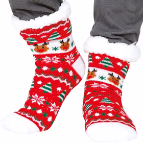 Kuschelsocken mit Weihnachtsmotiv Rot Thermosocken Rentier Rudolf für Erwachsene Geschenkidee Advent Weihnachten Adventskalender Rote Weihnachtssocken mit Rentier- und Tannenbaum-Motiv an den Füßen getragen.