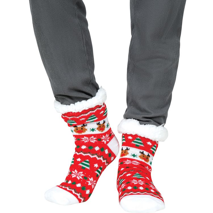 Kuschelsocken mit Weihnachtsmotiv Rot Thermosocken Rentier Rudolf für Erwachsene Rote Weihnachtssocken mit Rentier- und Tannenbaum-Motiv an den Füßen getragen.