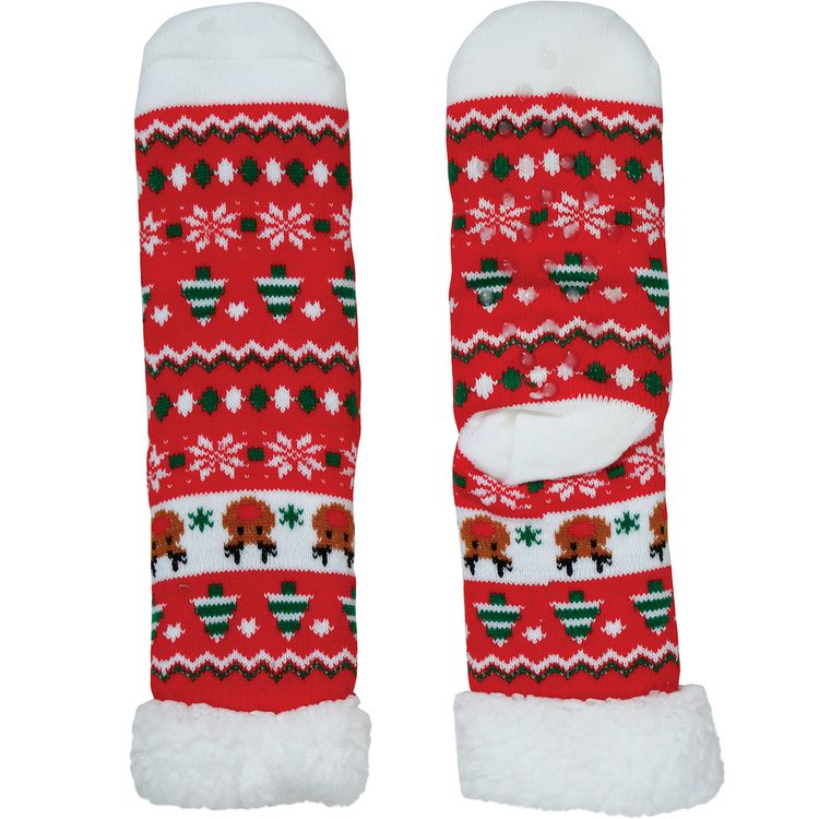 Kuschelsocken mit Weihnachtsmotiv Rot Thermosocken Rentier Rudolf für Erwachsene Rote Weihnachtssocken mit Rentier- und Tannenbaum-Motiv an den Füßen getragen.