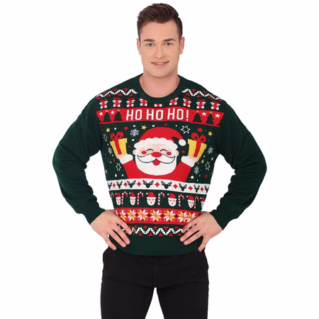 Weihnachtspullover HO HO HO Santa Claus Grün mit Rot für Herren Gr. M-XL Ugly Christmas Sweater Geschenkidee Weihnachten Weihnachtsfeier Advent Dezember Mann trägt grünen Weihnachtspullover mit Santa Claus und Schriftzug „HO HO HO!“.