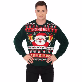 Weihnachtspullover HO HO HO Santa Claus Grün mit Rot für Herren Gr. M-XL Ugly Christmas Sweater Geschenkidee Weihnachten Weihnachtsfeier Advent Dezember Mann trägt grünen Weihnachtspullover mit Santa Claus und Schriftzug „HO HO HO!“.