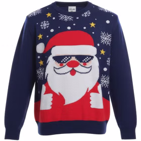 Weihnachtspullover mit Weihnachtsmann Santa aus Baumwolle für Kinder 5-9 Jahre Ugly Christmas Sweater Geschenkidee Weihnachten Advent Dezember Vorderansicht des blauen Pullovers mit Weihnachtsmann-Motiv, Sternen und Schneeflocken.