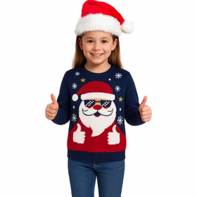 Weihnachtspullover mit Weihnachtsmann Santa aus Baumwolle für Kinder 5-9 Jahre Ugly Christmas Sweater Geschenkidee Weihnachten Advent Dezember Mädchen trägt blauen Weihnachtspullover mit coolem Weihnachtsmann und Sonnenbrille.
