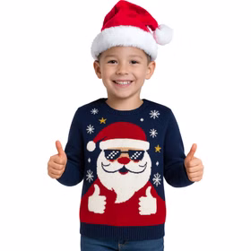 Weihnachtspullover mit Weihnachtsmann Santa aus Baumwolle für Kinder 5-9 Jahre Ugly Christmas Sweater Geschenkidee Weihnachten Advent Dezember Junge trägt blauen Weihnachtspullover mit coolem Weihnachtsmann und Sonnenbrille.