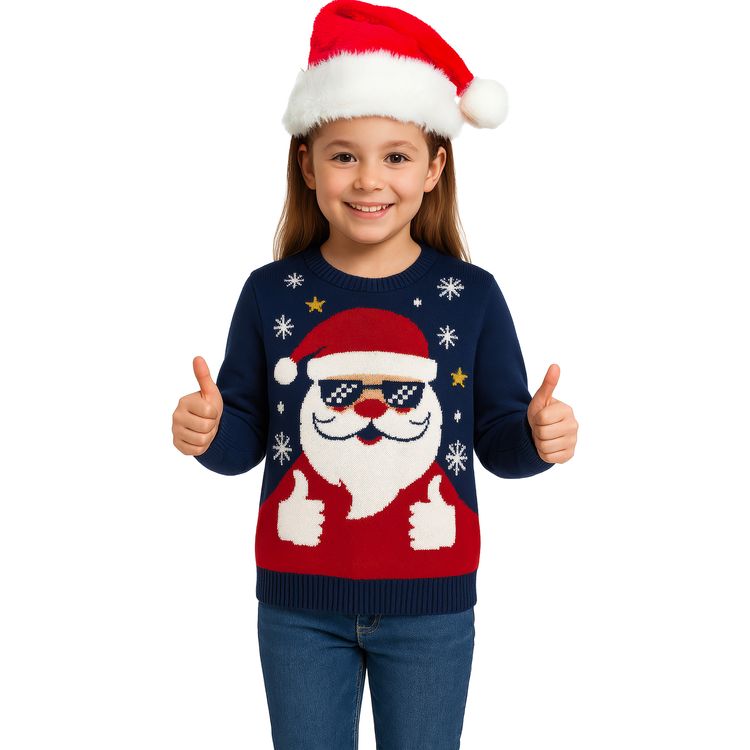Weihnachtspullover mit Weihnachtsmann Santa für Kinder Junge trägt blauen Weihnachtspullover mit coolem Weihnachtsmann und Sonnenbrille.