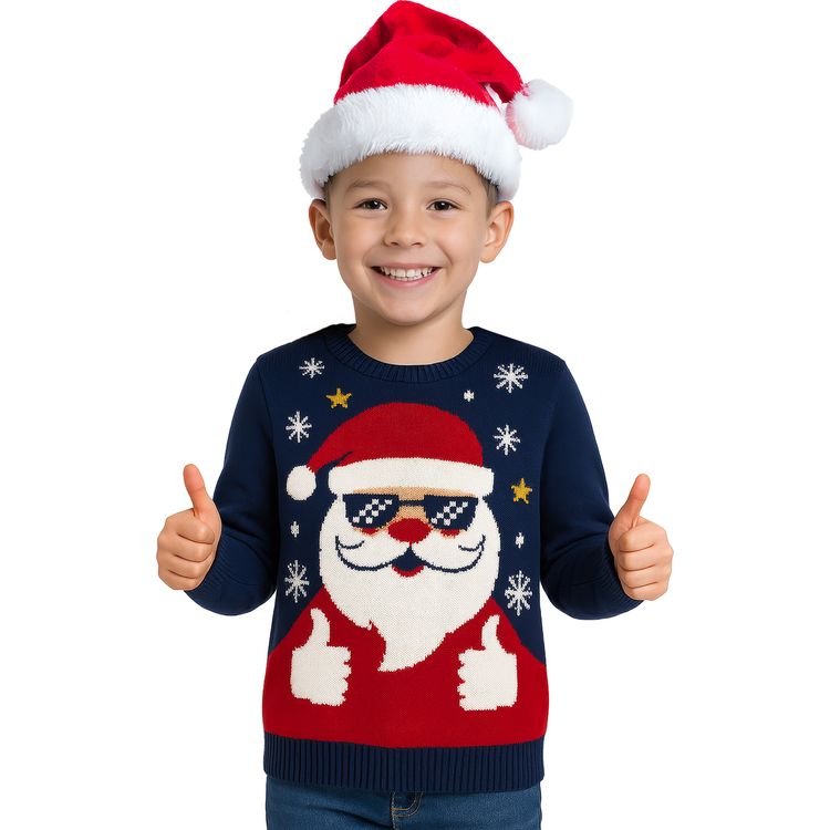 Weihnachtspullover mit Weihnachtsmann Santa für Kinder Junge trägt blauen Weihnachtspullover mit coolem Weihnachtsmann und Sonnenbrille.