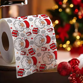 Toilettenpapier Weihnachten 2lagig mit Weihnachts-Motiv 30m Bad-Deko Weihnachts-Deko Advent Badezimmer Gäste-WC Weihnachtsstimmung Dezember Toilettenpapierrolle mit Weihnachtsmann-Motiv im festlich geschmückten Badezimmer.