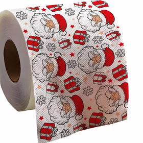 Toilettenpapier Weihnachten 2lagig mit Weihnachts-Motiv 30m Bad-Deko Weihnachts-Deko Advent Badezimmer Gäste-WC Weihnachtsstimmung Dezember Nahaufnahme der bedruckten Toilettenpapierrolle mit Santa, Geschenken und Schneeflocken.