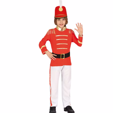 Nussknacker Kostüm Zinnsoldat Tommy Uniform mit Mütze für Kinder 5-12 Jahre Weihnachten Fasching Karneval Mottoparty Kinderfasching Kind trägt rotes Nussknacker-Kostüm mit goldenen Verzierungen und weißer Hose.