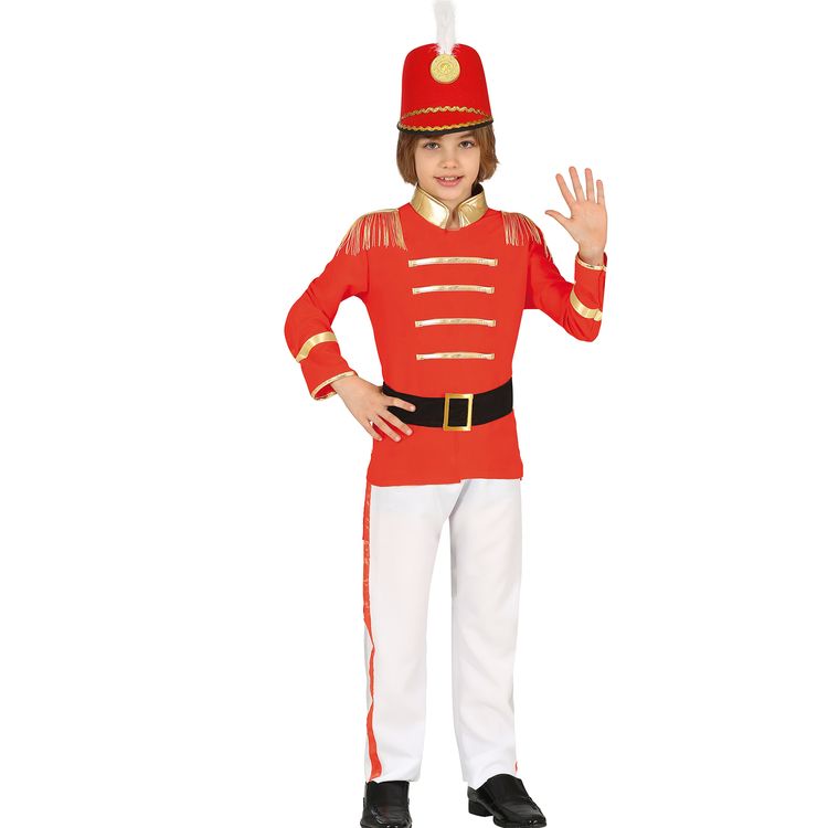 Kind trägt rotes Nussknacker-Kostüm mit goldenen Verzierungen und weißer Hose.