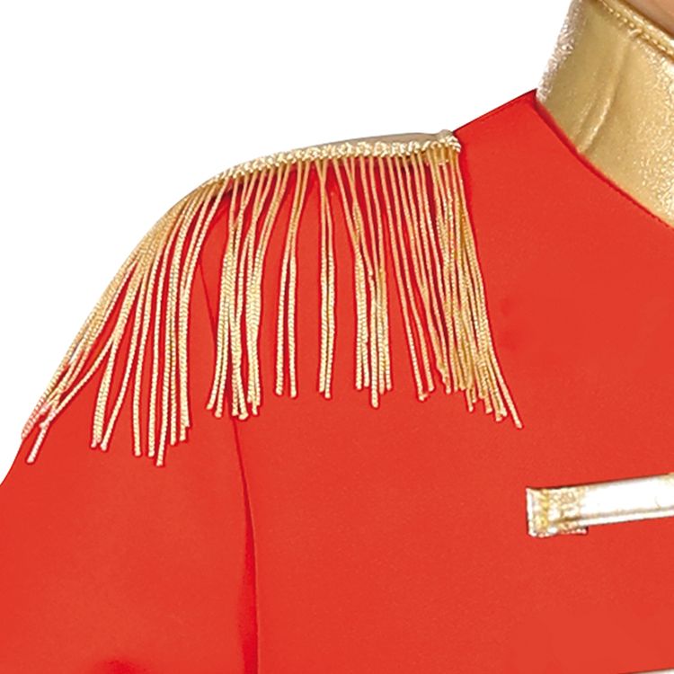 Kind trägt rotes Nussknacker-Kostüm mit goldenen Verzierungen und weißer Hose.