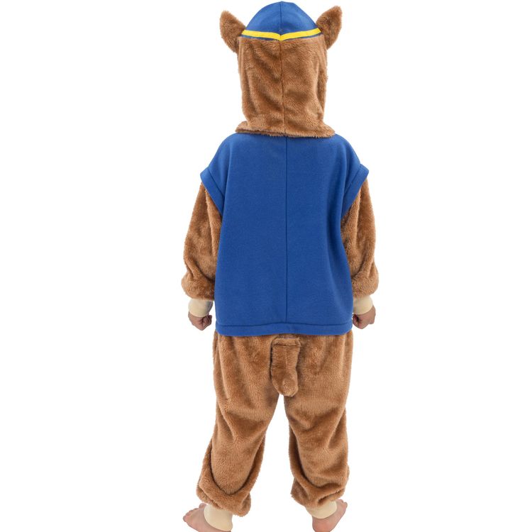 Kind im Paw Patrol Chase Kostüm mit blauer Weste, Kapuze und Polizeimütze – lacht in die Kamera.