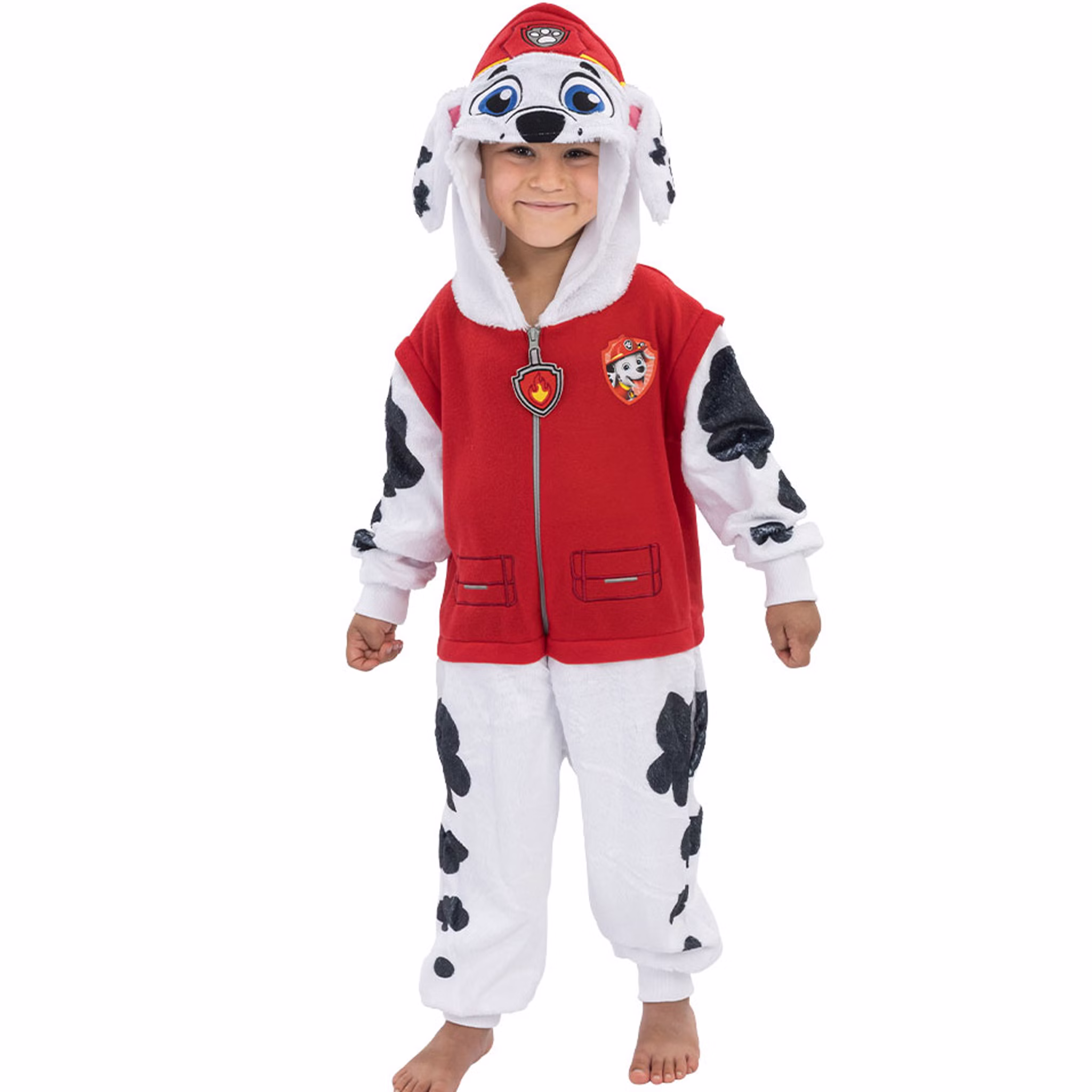 Kind im Paw Patrol Marshall Kostüm mit roter Jacke, Dalmatinerhose und Kapuze mit Marshalls Gesicht.