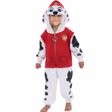 Paw Patrol Kostüm Marshall Deluxe Kostüm Feuerwehr Hund für Kinder Gr. 104-116 Tier Tierkostüm Lizenzkostüm Fasching Karneval Mottoparty Kindergeburtstag Kind im Paw Patrol Marshall Kostüm mit roter Jacke, Dalmatinerhose und Kapuze mit Marshalls Gesicht.