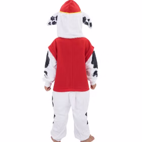 Rückseite des Paw Patrol Marshall Kostüms mit rotem Oberteil, weißen Beinen und schwarzen Flecken.