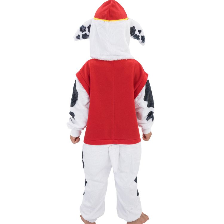Kind im Paw Patrol Marshall Kostüm mit roter Jacke, Dalmatinerhose und Kapuze mit Marshalls Gesicht.