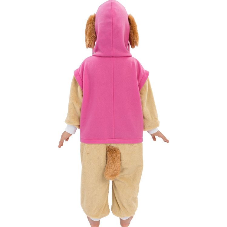 Kind trägt das Paw Patrol Skye Kostüm und hebt fröhlich den Arm – Vorderansicht.