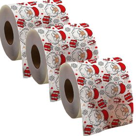Drei Rollen des bedruckten Toilettenpapiers mit Weihnachtsmann-Motiv, Geschenken und Schneeflocken.